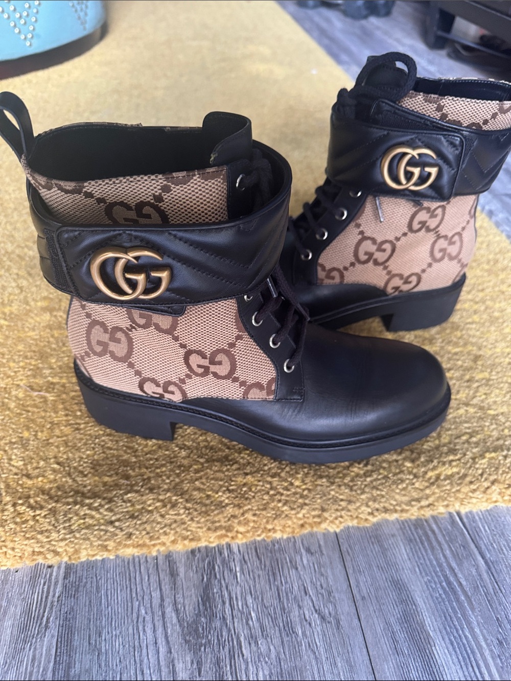 Gucci Brown/Black GG Logo Lace-Up Combat Boots